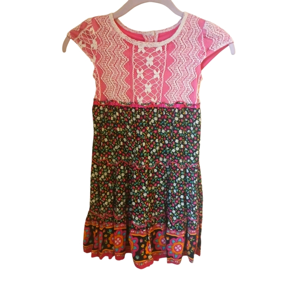 Sweet Heart Rose Girl's Boho Floral Dress With Crochet Lace Detail Size 6